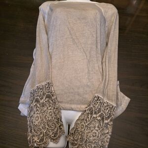 Black Swan Taupe Long Sleeve Tee with Lace Sleeve Detail